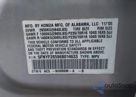 2006 Honda Pilot Ex-L из США, поврежденный, VIN 5FNYF28596B014633